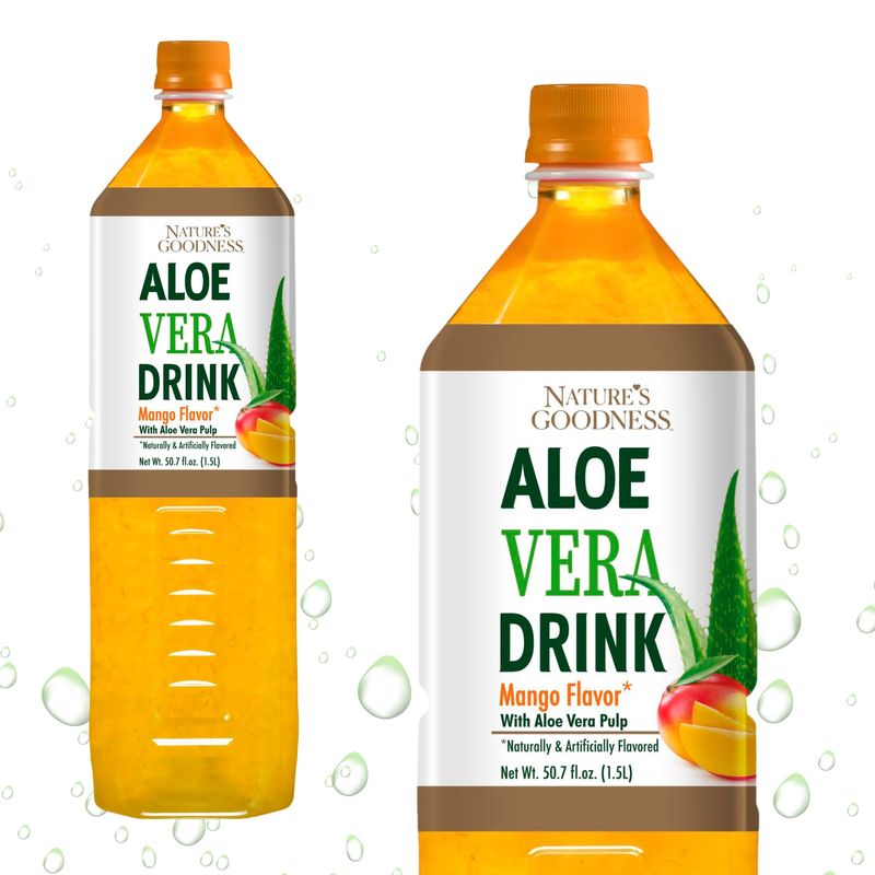 Nature's Goodness Aloe Vera Drink with Pulp Mango Flavor -12 Pack Case - 50.7 Fl Oz (1.5 L) Each - Total 18 Liters - Refreshing Beverage with Real Aloe Vera Juice