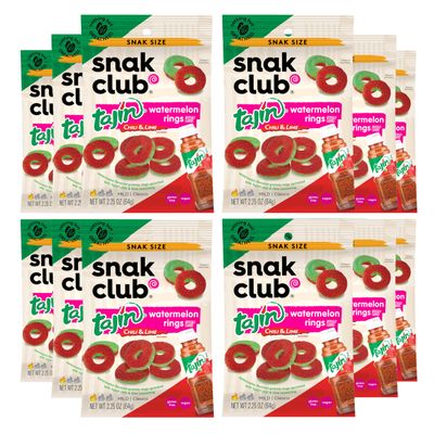 Snak Club Tajin Watermelon Rings Gummy Candy, Fruit Candy Gummies with Chili and Lime Seasoning, Mild, Gluten-Free and Vegan Snacks, 2.25 oz Snack Bags, 12 Pack