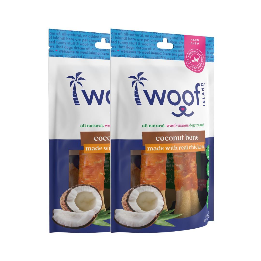 Woof Island 5 Coconut Dog Bones - Premium, All Natural Coconut Dog Treats - Healthy Puppy Treats &amp; Vitamin Rich Rawhide Free Dog Chews - (with Real Chicken - 2 Pack)