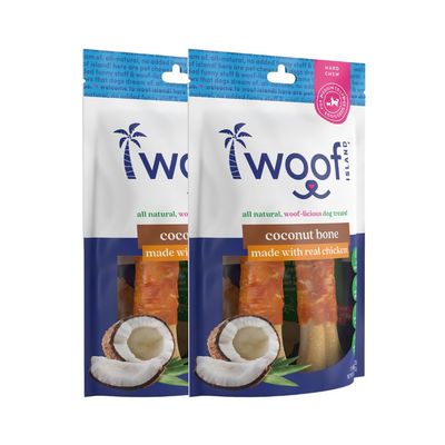 Woof Island 5 Coconut Dog Bones - Premium, All Natural Coconut Dog Treats - Healthy Puppy Treats &amp; Vitamin Rich Rawhide Free Dog Chews - (with Real Chicken - 2 Pack)