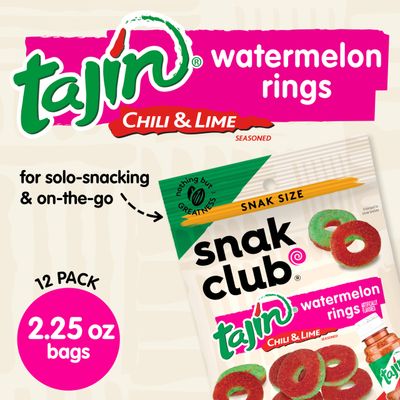 Snak Club Tajin Watermelon Rings Gummy Candy, Fruit Candy Gummies with Chili and Lime Seasoning, Mild, Gluten-Free and Vegan Snacks, 2.25 oz Snack Bags, 12 Pack