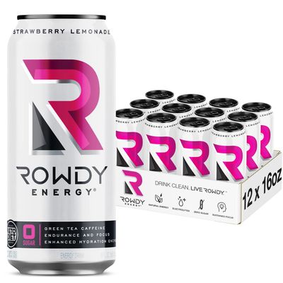 Rowdy Energy Drink, Strawberry Lemonade, Sugar-Free, 16 Fl Oz - Natural Caffeine, Electrolytes | Hydration, Workout Performance, Focus, Recovery | B Vitamins and Keto-Friendly (12 Pack)