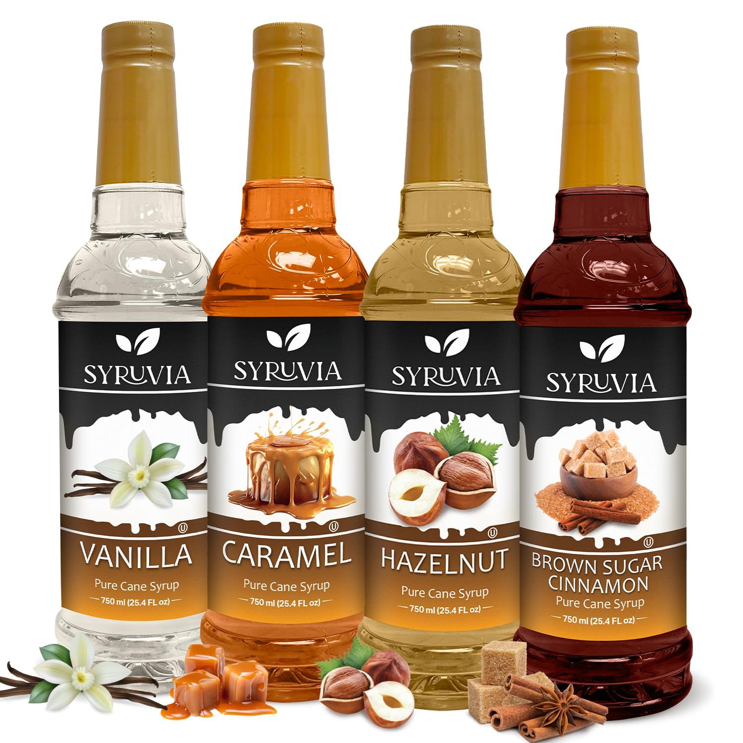 Syruvia Coffee Syrup Flavor Fusion Pack: Vanilla, Caramel, Hazelnut, and Brown Sugar Cinnamon - Elevate Your Coffee Game!