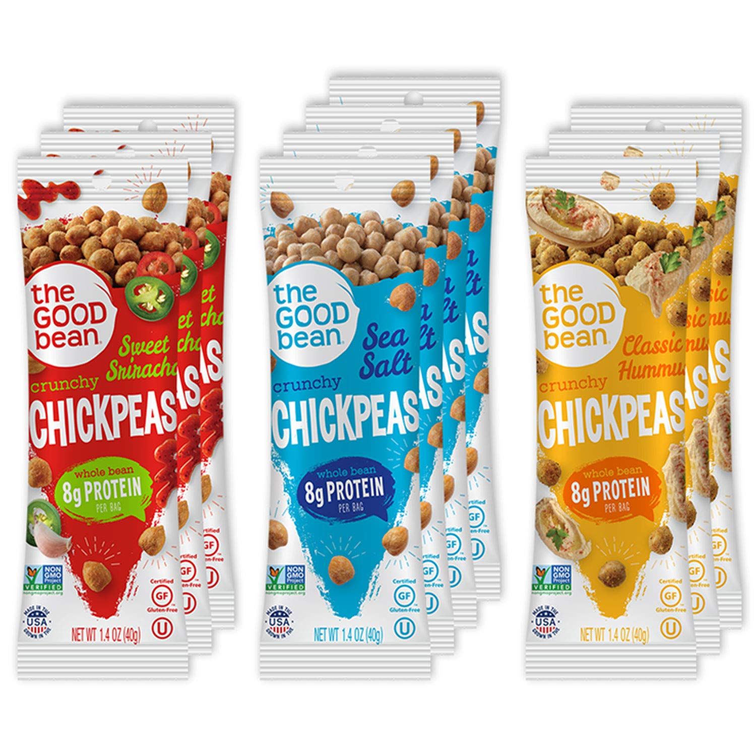 The Good Bean Crunchy Chickpeas - Variety Pack - (10 Pack) 1.4 oz Packet - Sweet Sriracha, Sea Salt, and Classic Hummus Roasted Chickpea Beans - Vegan Snack with Good Source of Plant Protein and Fiber