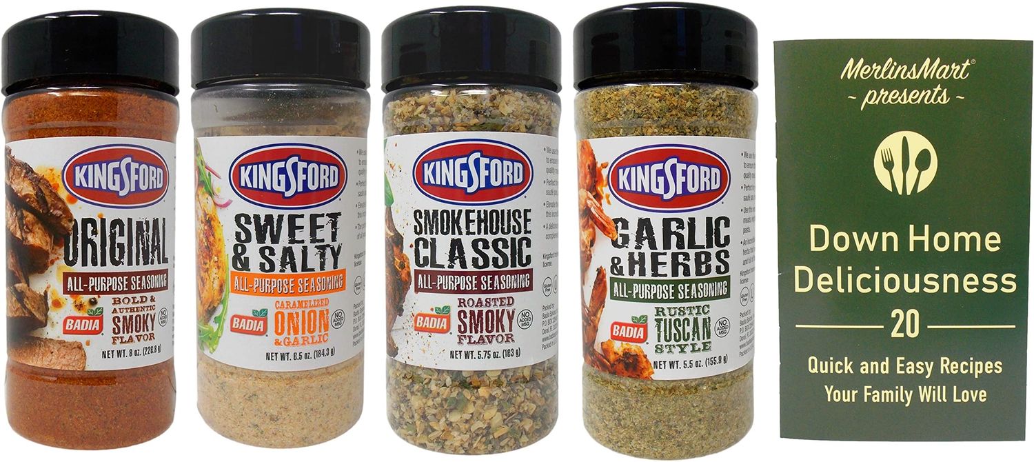 Kingsford Seasoning Rub 4 Flavor Variety - (1) Each: Original, Garlic Herb, Sweet &amp; Salty, Smokehouse Classic (5.5-8.5 Ounces) - Plus Recipe Booklet Bundle