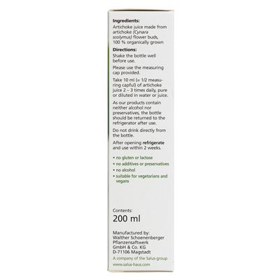 Salus Artichoke Organic 100% Pure Fresh Plant Juice 200 ml