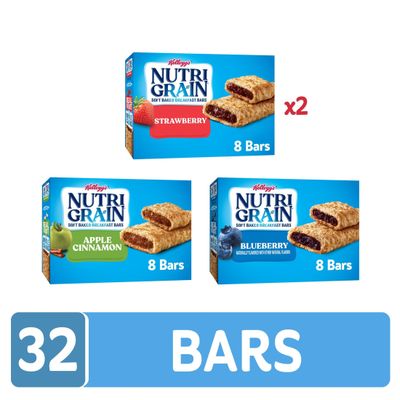 Nutri-Grain Soft Baked Breakfast Bars, Made with Whole Grains, Kids Snacks, Variety Pack (4 Boxes, 32 Bars)