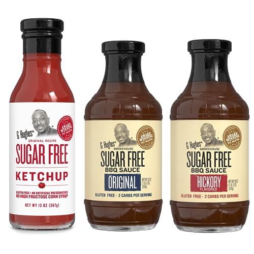 G Hughes Sugar Free, BBQ Sauces &amp; Ketchup Bundle - Original Sugar Free BBQ Sauce - 18 Oz, Hickory BBQ Suace - 18 Oz, Sugar Free Ketchup - 13 Oz, Keto Ketchup, Low Calorie Barbecue Sauce (3 Pack)