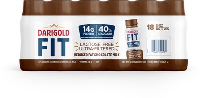 Darigold FIT High Protein Milk 2 Percent Low Fat Milk - Lactose Free, Ultra Pasteurized Milk 2 Percent- 14g Protein, 40% Less Sugar - 8oz, 18 Pack (Chocolate Milk)