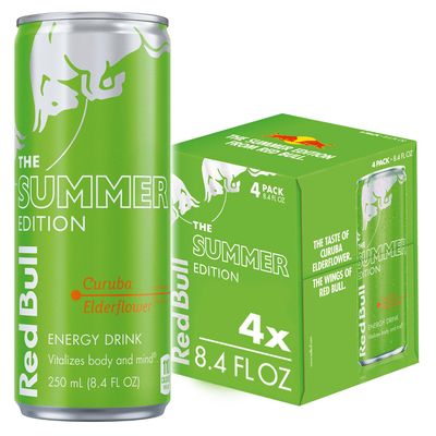Red Bull Green Edition Energy Drink, Curuba Elderflower, 8.4 fl. oz., Pack of 4 cans, with 80mg Caffeine, Taurine &amp; B Vitamins