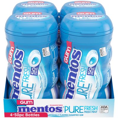 Mentos Pure Fresh Holiday Sugar-Free Chewing Gum with Xylitol, Fresh Mint, Holiday Christmas Stocking Stuffers for Adults & Kids, 50 Piece Bottle (Bulk Pack of 4)
