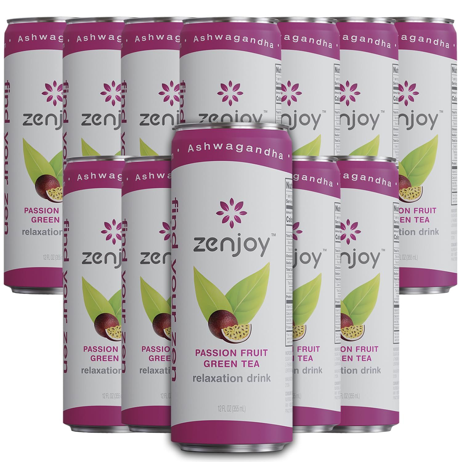 Zenjoy Passion Fruit Green Tea Relaxation Drink 12 Pack - Calming Drink with Ashwagandha &amp; Lemon Balm - Non-Alcoholic Beverage Infused with L-Theanine for Enhanced Focus - 12oz Cans