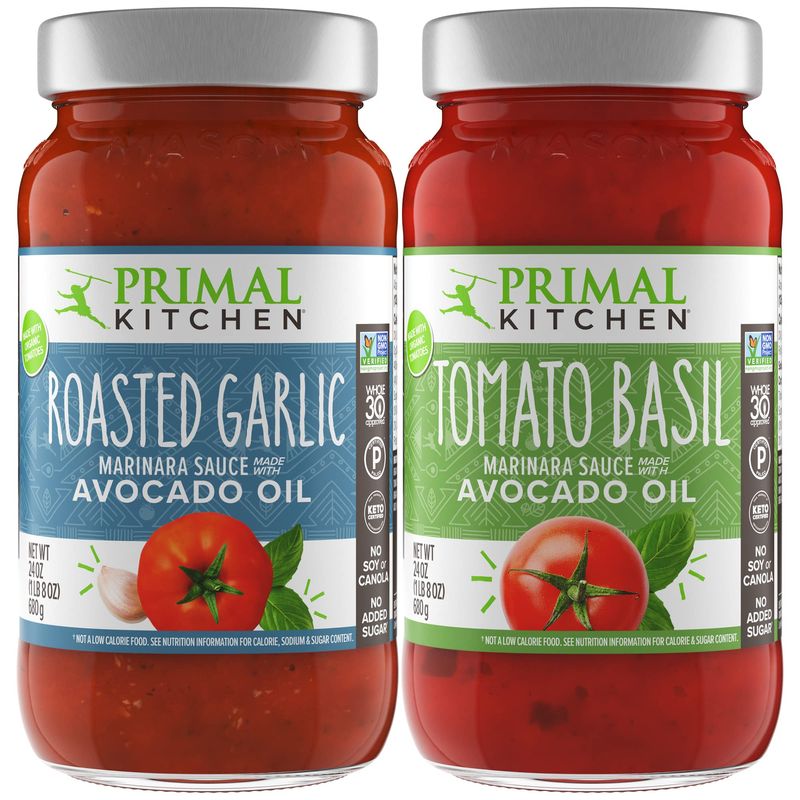 Primal Kitchen Tomato Pasta Sauce 2-Pack, No Added Sugar, Includes 1 Tomato Basil and 1 Roasted Garlic Marinara Sauce