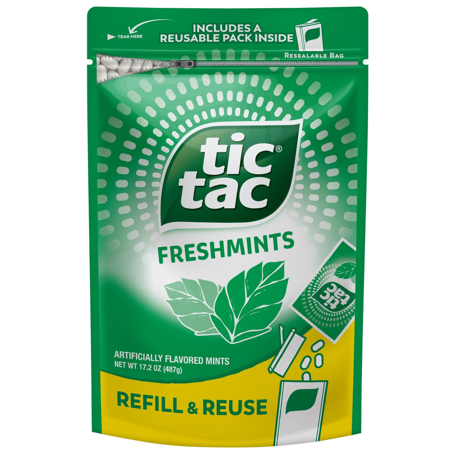 Tic Tac Freshmint Breath Mints, Bulk Resealable Refill Bag, On-the-Go Refreshment, Stocking Stuffer, Includes Empty Refillable Pack, 17.2 oz