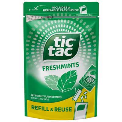 Tic Tac Freshmint Breath Mints, Bulk Resealable Refill Bag, On-the-Go Refreshment, Stocking Stuffer, Includes Empty Refillable Pack, 17.2 oz