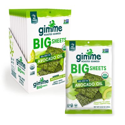 gimMe  Sea Salt  Avocado Oil  Big Sheets  Organic Roasted Seaweed Sheets  Keto Vegan Gluten Free Healthy OnTheGo Snack for Kids  Adults  92oz  Pack of 10