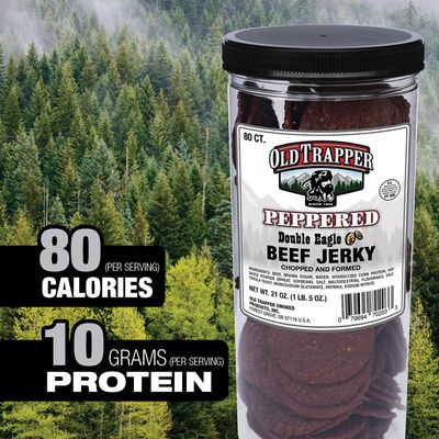 Old Trapper Double Eagle Beef Jerky, Peppered Flavor, 21oz. 80-Piece Jar, Natural Wood Smoked Meat Snacks, 10 Grams of Protein and 80 Calories per Serving (Pack of One)