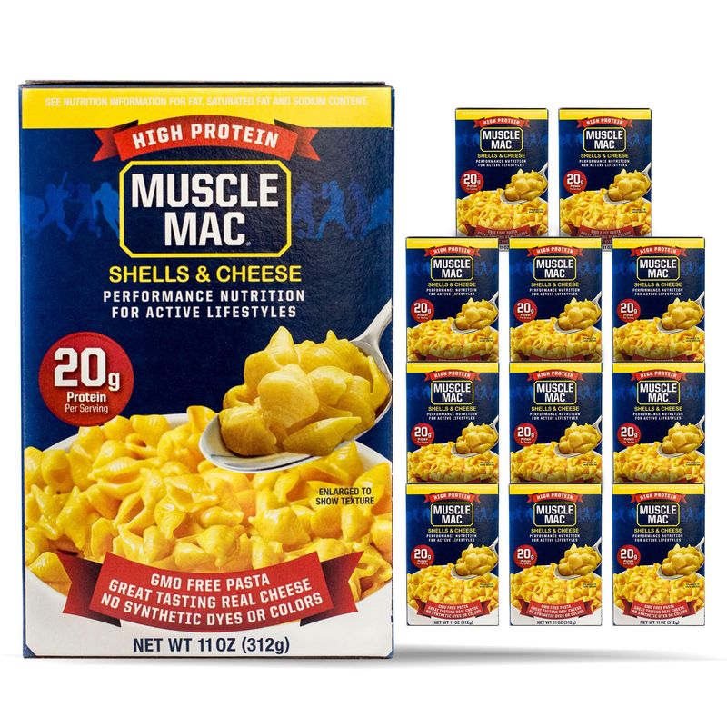 Muscle Mac | Shells &amp; Cheese Pasta For All Ages, 20 Grams Of Protein Per Serving, Real Cheese, Non-GMO, 11 Ounce (Pack of 12)