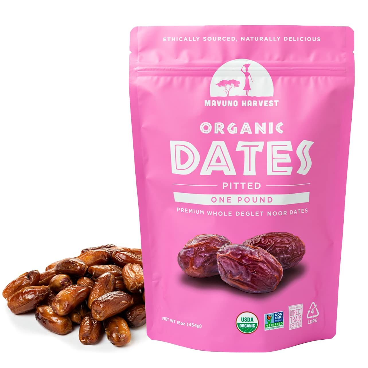 Mavuno Harvest Pitted Dates Dried Fruit Snacks | Organic Dried Dates | Healthy Snacks for Kids and Adults| Deglet Noor Dates | No Sugar Added, Vegan, Non GMO | Resealable Bulk Bag | 1 Pound