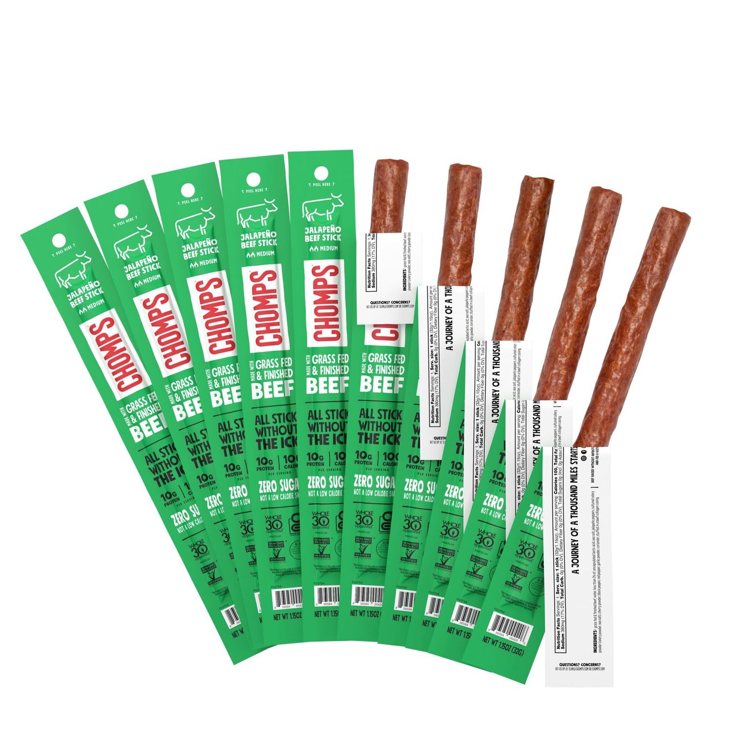 Chomps Grass-Fed and Finished Jalapeo Beef Jerky Snack Sticks 10-Pack - Keto, Paleo, Whole30, 10g Lean Meat Protein, Gluten-Free, Zero Sugar Food, Non-GMO