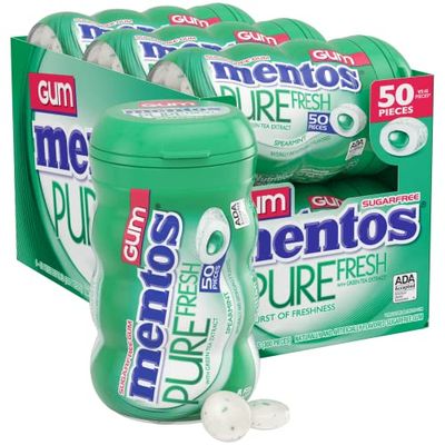 Mentos Pure Fresh Holiday Sugar-Free Chewing Gum with Xylitol, Spearmint, Holiday Christmas Stocking Stuffers for Adults &amp; Kids, 50 Piece Bottle (Bulk Pack of 6)