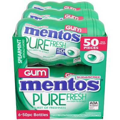 Mentos Pure Fresh Holiday Sugar-Free Chewing Gum with Xylitol, Spearmint, Holiday Christmas Stocking Stuffers for Adults &amp; Kids, 50 Piece Bottle (Bulk Pack of 6)