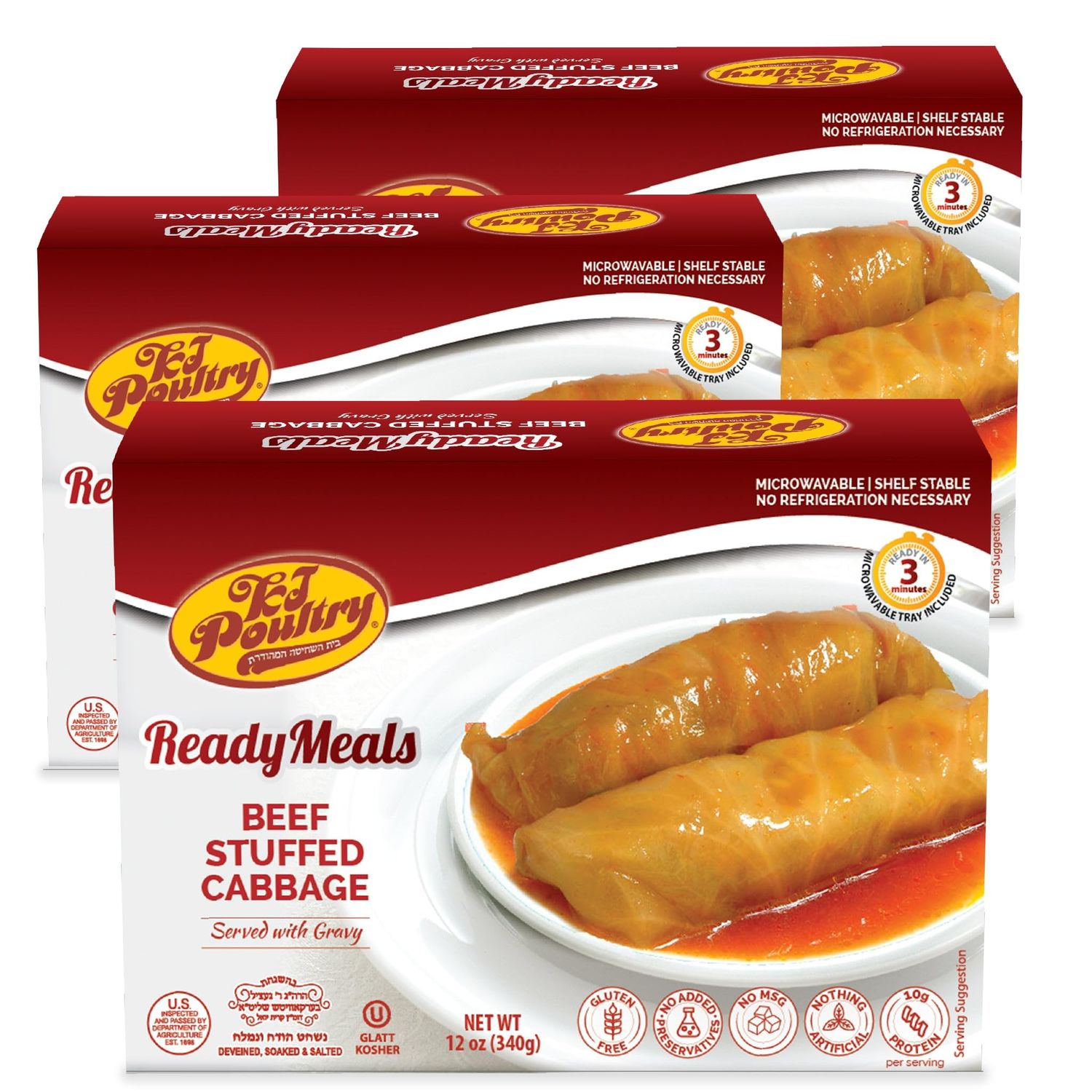 KJ Poultry Kosher Ready Meals - Beef Stuffed Cabbage Rolls, MRE Meat Meals Ready to Eat, Gluten Free (3 Pack) Prepared Entree Fully Cooked, Shelf Stable Microwave Dinner Travel Military Camping