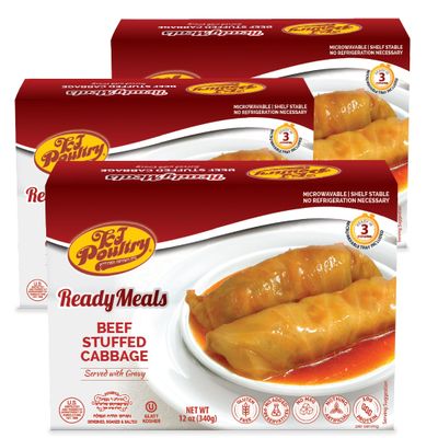 KJ Poultry Kosher Ready Meals - Beef Stuffed Cabbage Rolls, MRE Meat Meals Ready to Eat, Gluten Free (3 Pack) Prepared Entree Fully Cooked, Shelf Stable Microwave Dinner Travel Military Camping