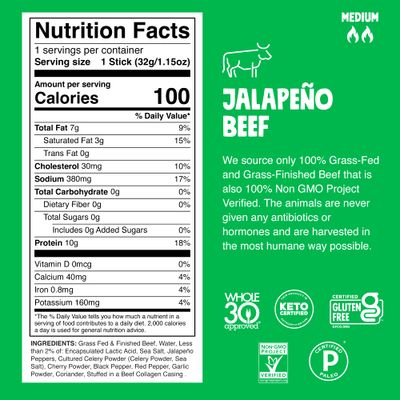 Chomps Grass-Fed and Finished Jalapeo Beef Jerky Snack Sticks 10-Pack - Keto, Paleo, Whole30, 10g Lean Meat Protein, Gluten-Free, Zero Sugar Food, Non-GMO