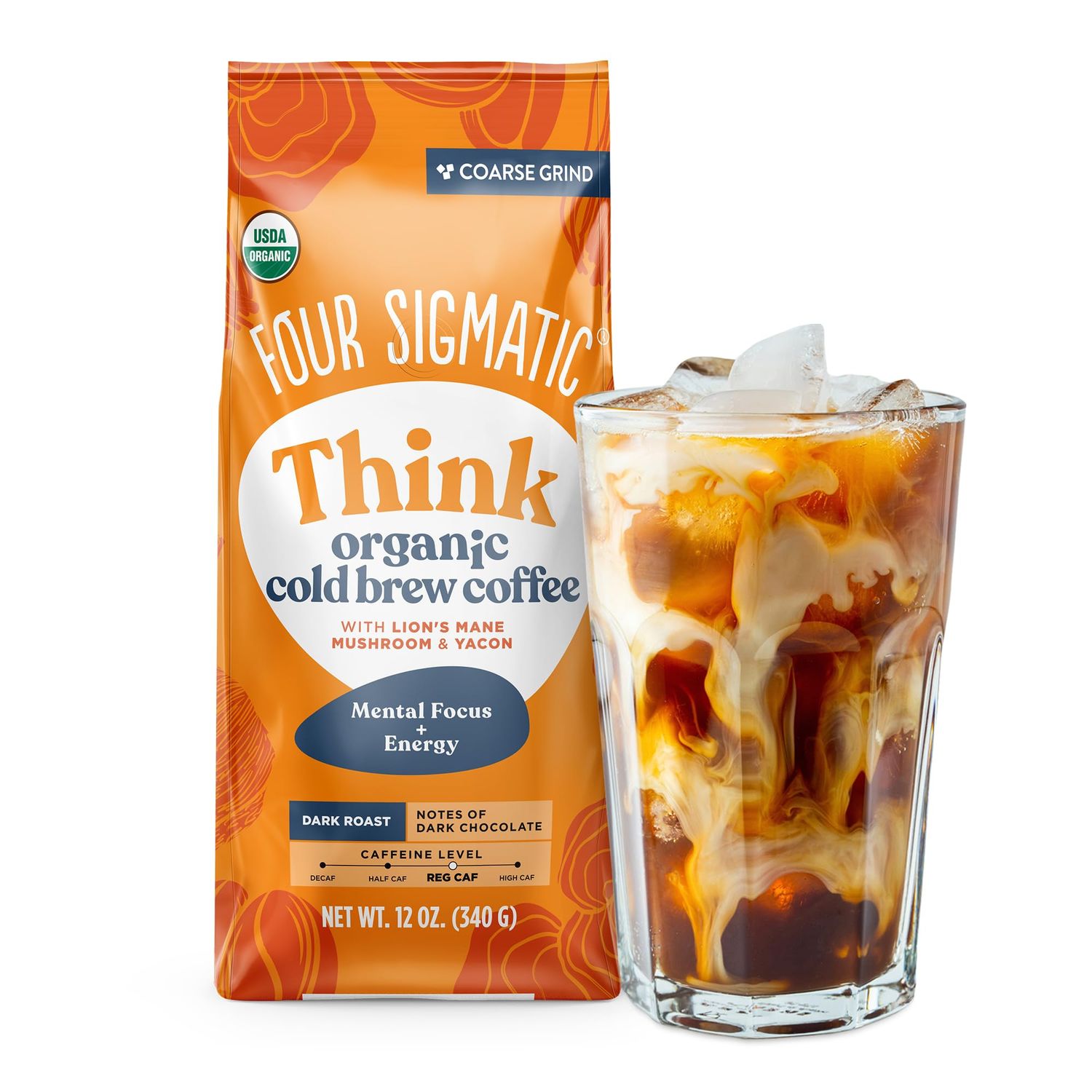 FOUR SIGMATIC Organic Cold Brew Coffee Grounds | Dark Roast, Fair Trade Coarse Grounds with Lion&#39;s Mane and Chaga | Cold Brew Mushroom Coffee for Crash-Free Focus | 12 oz Bag