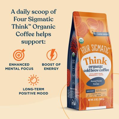 FOUR SIGMATIC Organic Cold Brew Coffee Grounds | Dark Roast, Fair Trade Coarse Grounds with Lion's Mane and Chaga | Cold Brew Mushroom Coffee for Crash-Free Focus | 12 oz Bag