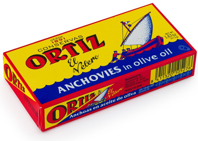 Ortiz Anchovies in Extra Virgin Olive Oil, Firm Buttery Fillets with a Rich Umami Taste, Wild Caught in Spain, Great for Pizza, Pasta and Caeser Salad, 1.67oz Can (Pack of 5)