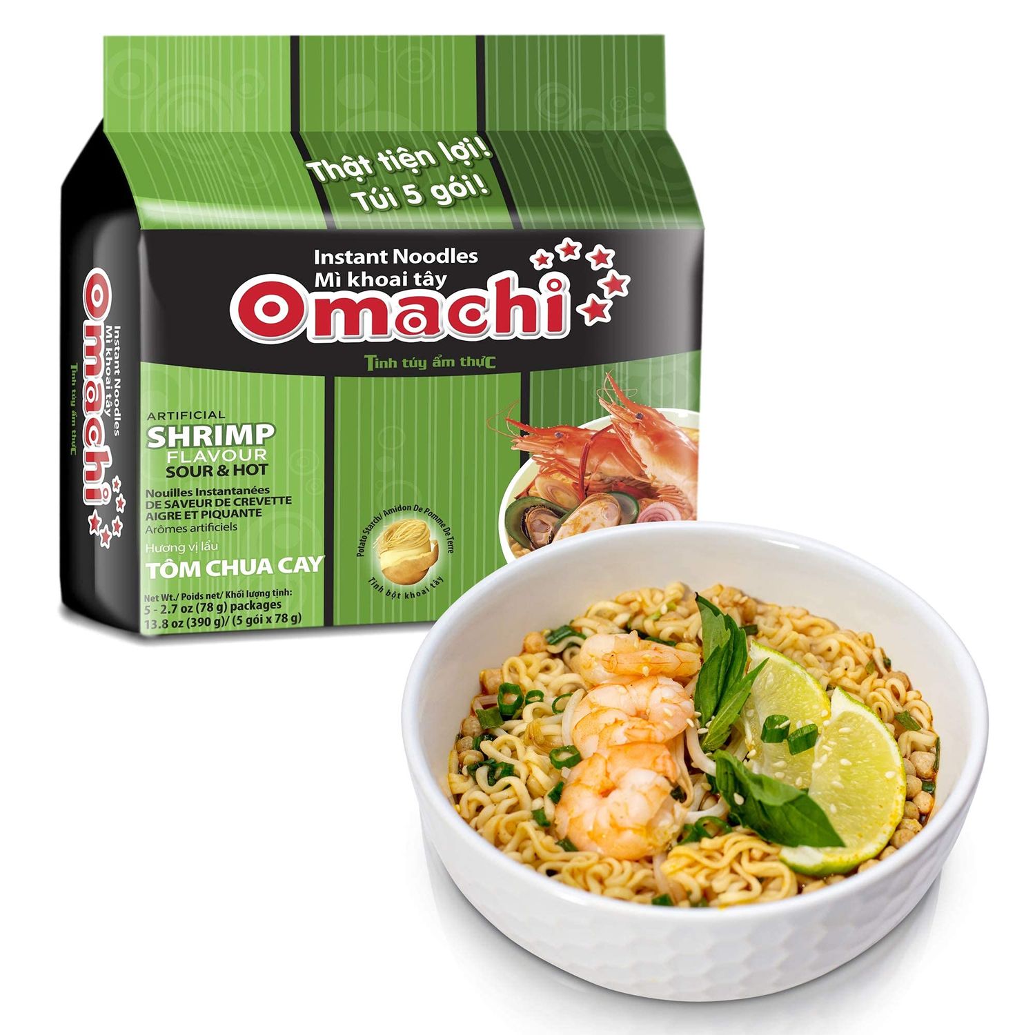 OMACHI Golden Potato Noodles - Hot and Sour Shrimp Flavor - Made with Natural Ingredients (Hot &amp; Sour Shrimp, Pack of 5)