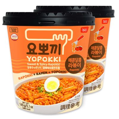 Yopokki Instant Rabokki Cup (Sweet Mild Spicy, Cup of 2) Korean Street food with sweet and moderately spicy sauce Ramen Noodle Topokki Rice Cake - Quick &amp; Easy to Prepare