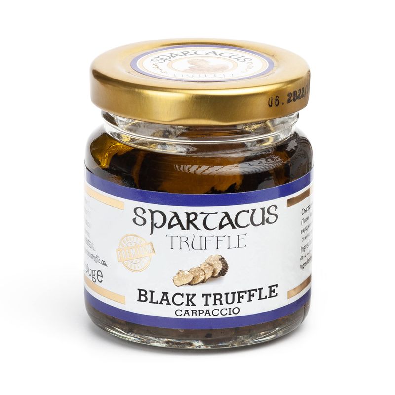 Spartacus CARPACCIO Black Truffles, Preserved in Extra Virgin Olive Oil, Perfect Gourmet Condiment for Pizza, Pasta, Salads, Potatoes, Meat, and Eggs. Vegan Gift IDEA (40 g)
