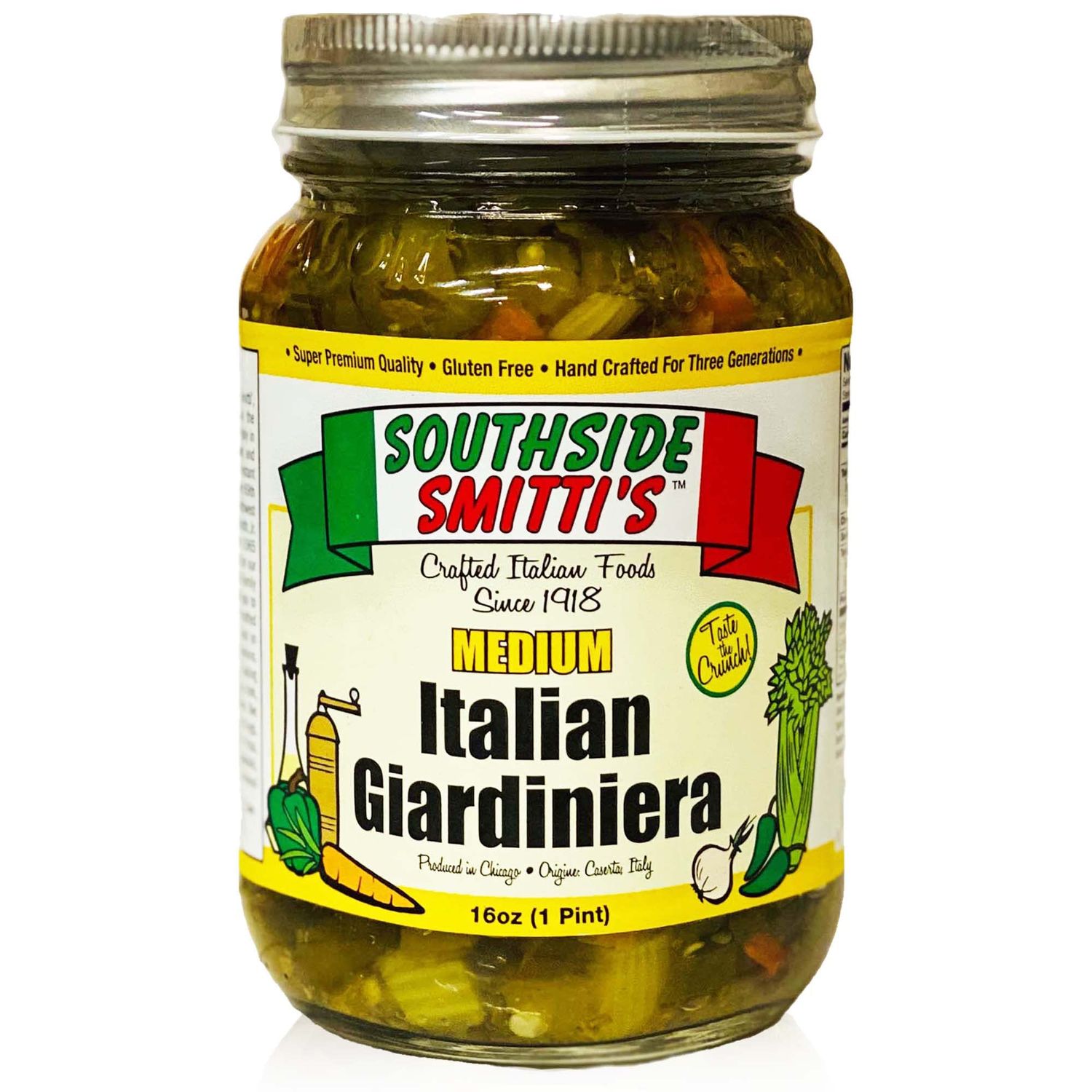 SOUTHSIDE SMITTI&#39;S - ITALIAN STYLE GIARDINIERA - MEDIUM - 16 oz - Best Chicago Style Giardiniera Peppers - Original Southside Recipe