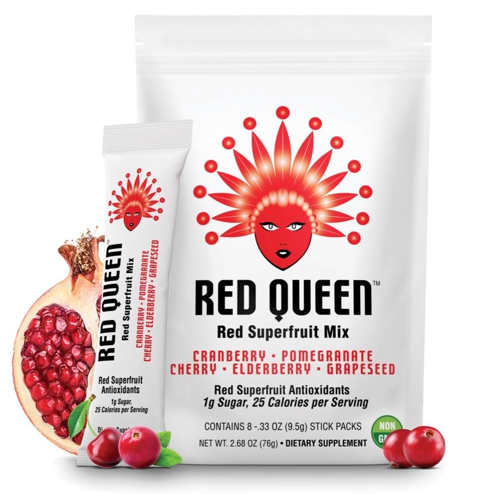 RED QUEEN Red Superfruit Drink Mix|1g Sugar, 25 Calories per Serving|Red Superfruit Antioxidants Without All The Sugar &amp; Calories In Juice|Cranberry-Pomegranate-Cherry-Elderberry-Grapeseed(Pack of 8)