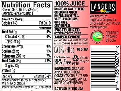Langers Organic 100% Apple Juice, 10 Fluid Ounce (pack Of 12)