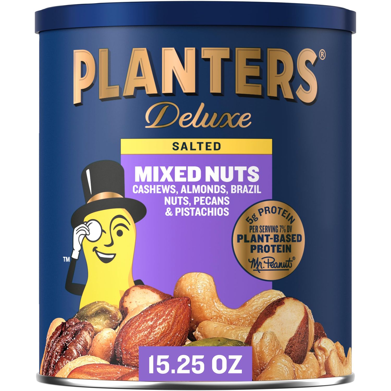 PLANTERS Deluxe Salted Mixed Nuts, Party Snacks, Plant-Based Protein 15.25oz (1 Canister)