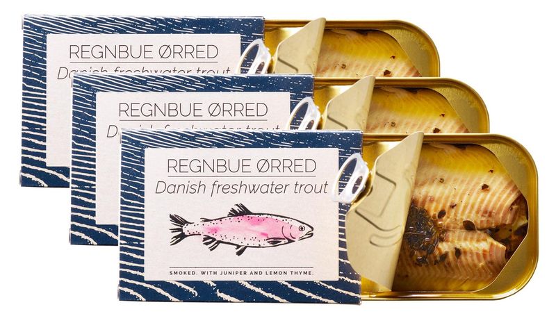 Fangst Regnbue Orred | Tinned Smoked Freshwater Trout with Juniper and Lemon Thyme | 3 x 110g