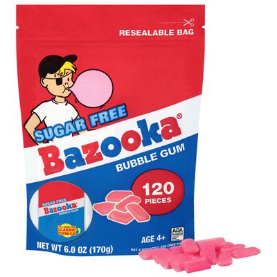 Bazooka New Sugar-Free Bubble Gum Pellets Bag - 120 Count Bulk Gum, Original Flavor, Resealable Pouch Perfect for Sharing, Ideal for Parties &amp; Vintage Themes, Nostalgic Chewy Gum