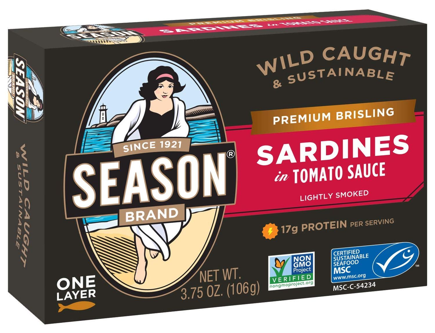 Season Brisling Sardines in Tomato Sauce - Wild Caught, 17g of Protein, Keto Snacks, More Omega 3&#39;s Than Tuna, Kosher, High in Calcium, Canned Sardines, One Layer - 3.75 Oz Tins, 6-Pack
