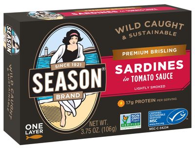 Season Brisling Sardines in Tomato Sauce - Wild Caught, 17g of Protein, Keto Snacks, More Omega 3&#39;s Than Tuna, Kosher, High in Calcium, Canned Sardines, One Layer - 3.75 Oz Tins, 6-Pack