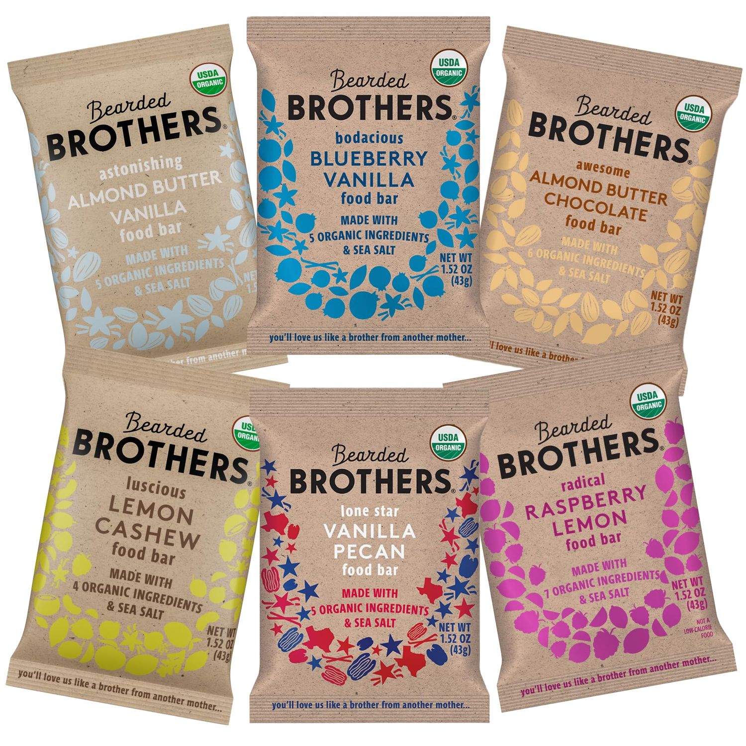 Bearded Brothers Organic Vegan Protein Energy Bars - Gluten &amp; Soy Free Paleo | Non GMO, Low Glycemic, Plant Based Protein, High Fiber | 12pk Six Flavor Variety