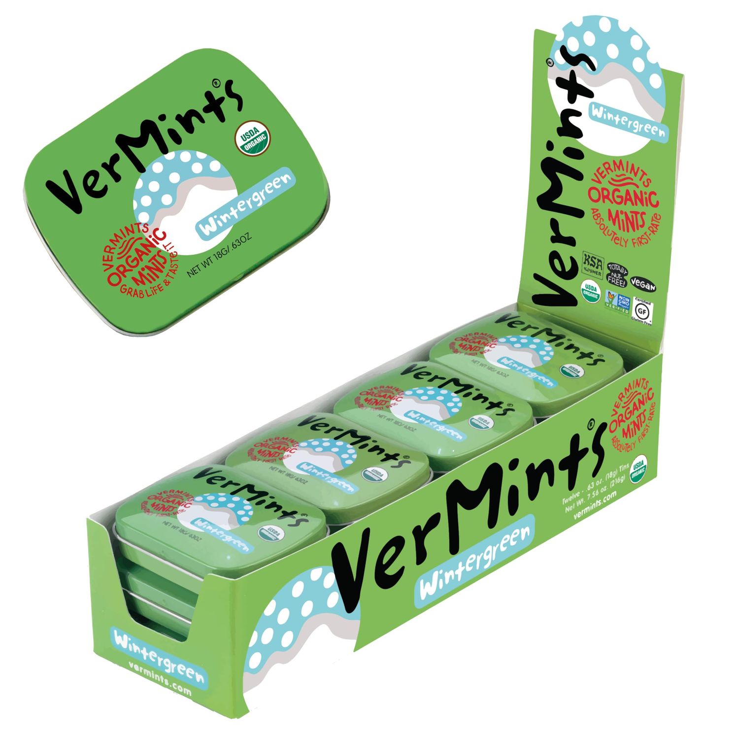VerMints | Wintergeen | Small Tin (.63oz/18g) | Pack of 12 VerMints | Organic | Breath Mints| Pack of 12 | Breath Mints | Gluten Free | NonGMO | Kosher | Vegan | Nut free