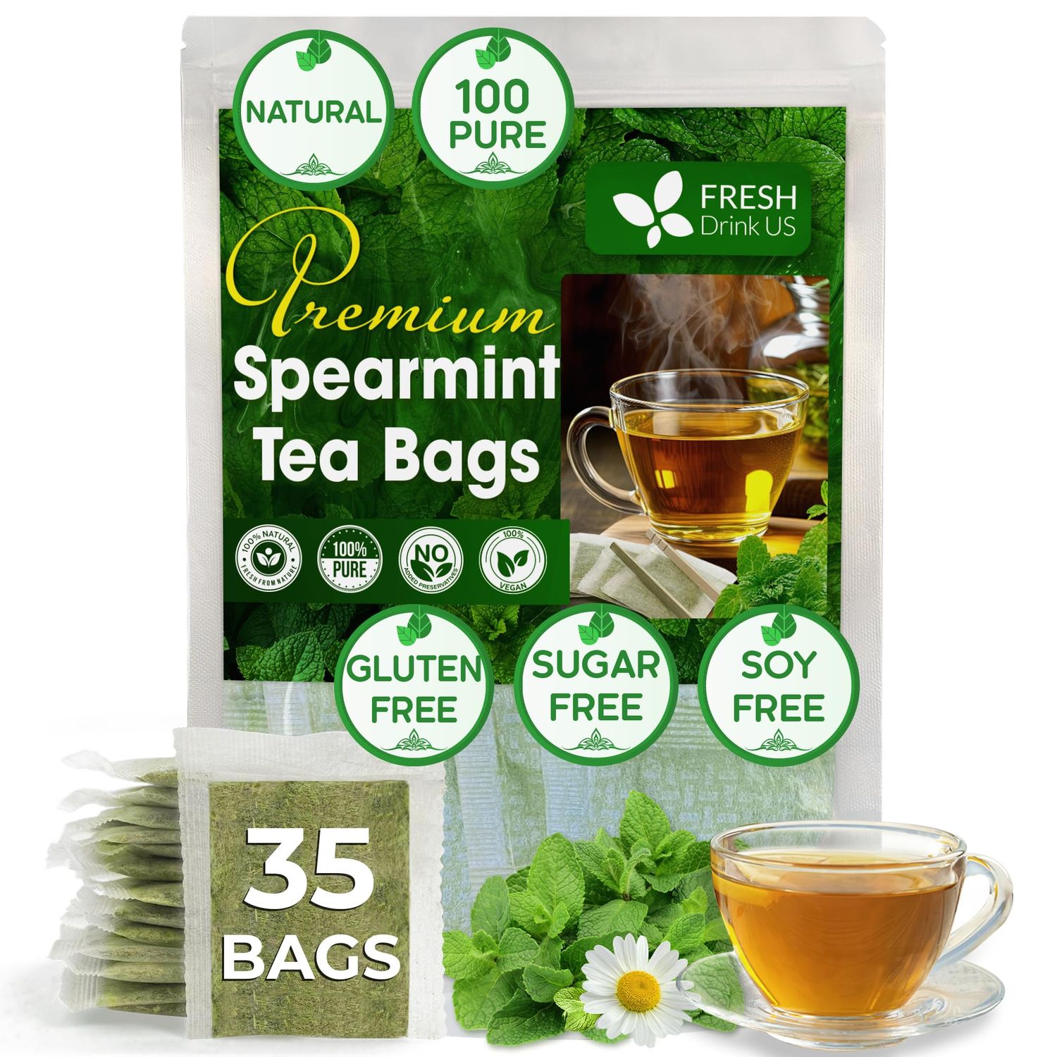FreshDrinkUS, Premium 35 Spearmint Tea Bags, 100% Natural Spearmint Leaves. Loose Leaf Spearmint Herbal Tea. Spearmint Leaf Tea. No Sugar, No Caffeine, No Gluten, Vegan.