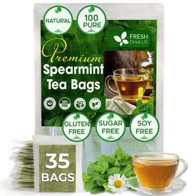 FreshDrinkUS, Premium 35 Spearmint Tea Bags, 100% Natural Spearmint Leaves. Loose Leaf Spearmint Herbal Tea. Spearmint Leaf Tea. No Sugar, No Caffeine, No Gluten, Vegan.
