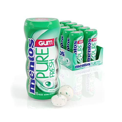 Mentos Pure Fresh Holiday Sugar-Free Chewing Gum with Xylitol, Spearmint, Holiday Christmas Stocking Stuffers for Adults &amp; Kids, 15 Piece Bottle (Bulk Pack of 10)