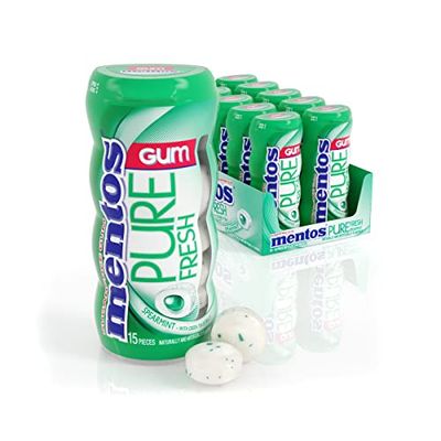 Mentos Pure Fresh Holiday Sugar-Free Chewing Gum with Xylitol, Spearmint, Holiday Christmas Stocking Stuffers for Adults &amp; Kids, 15 Piece Bottle (Bulk Pack of 10)