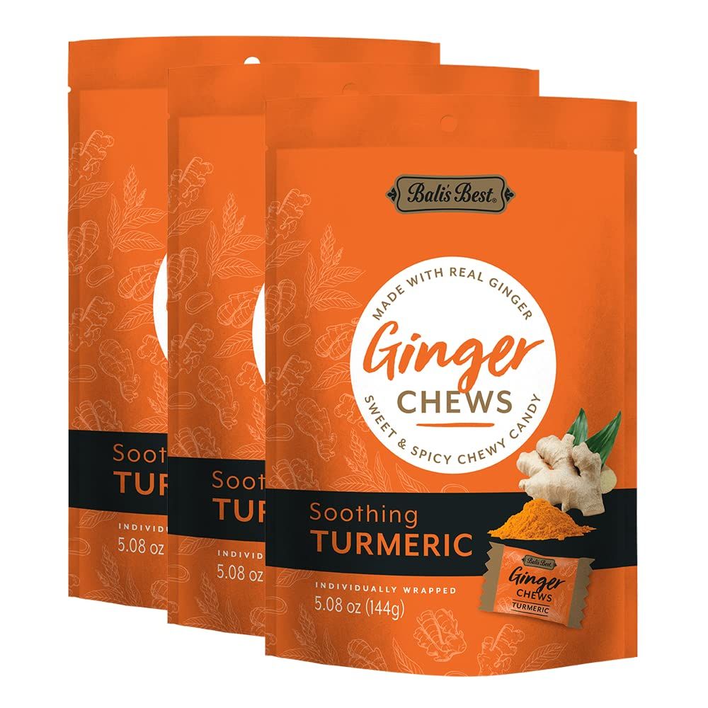 Bali&#39;s Best Ginger Chews - Soothing Turmeric Flavor (3 Pack) 100% Real Ginger, Sweet Spicy Chewy Turmeric Ginger Candies, 3x 5.08oz 144g Bags, Great snacks for sharing and gift baskets